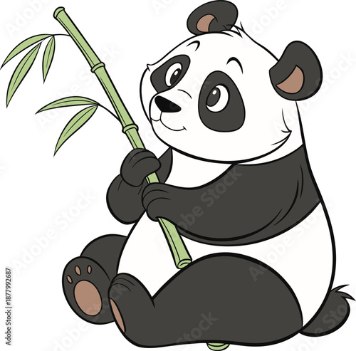 A cartoon illustration of a giant panda, centered and against a stark white background. The panda is depicted in a seated position, facing the viewer with a slight smile. Its fur is primarily black an