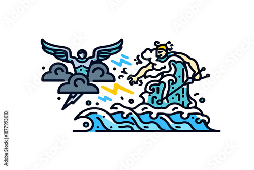 Powerful mythological sea gods standing amidst crashing waves, embodying ancient marine legends on white background.