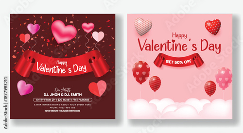 Valentines banner greetings card wishes card and invitation card template with romantic 3D heart vector illustration background for love celebration marketing