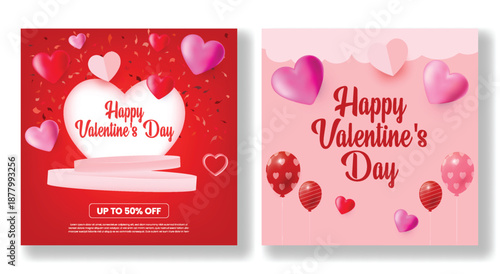 Valentine social media posts ads promo template featuring love celebration party concept with romantic 3D heart vector illustration background design