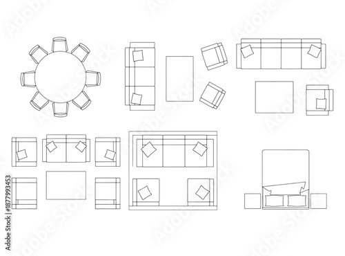 Furniture Outline Top View Vector Icons – Thin Line Floor Plan Symbols for Interior and Architecture