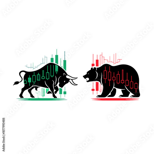 Bull and bear market symbolism: illustrating conflicting forces in the financial world on white background.