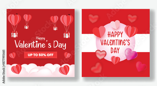 Valentine’s Day sale discount social media content design with romantic 3D heart vector illustration background for promo ads banners and website templates