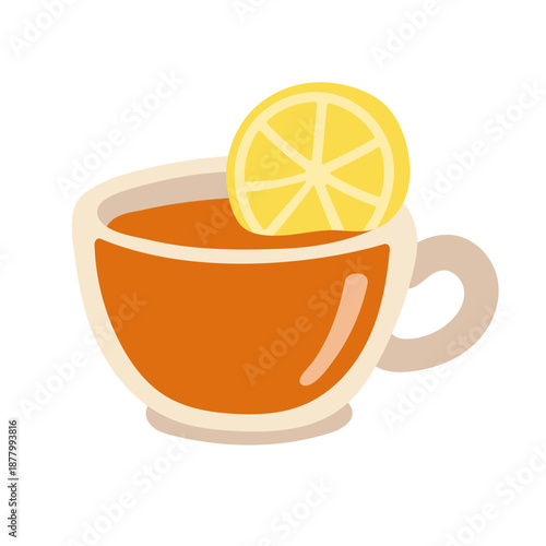 Flat vector illustration of a cup with hot lemon tea. Cozy drink concept for wellness, relaxation, cafe menu, herbal beverage, and healthy lifestyle design.
