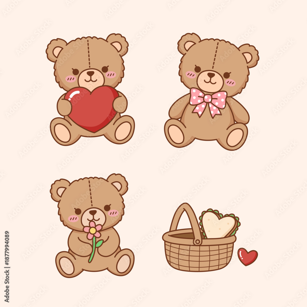 Fototapeta premium Teddy Bear Delight: Four adorable teddy bears exude charm. A precious symbol of love, sweetness and affection, each teddy bear is a beacon of joy, offering a warm hug to uplift your day.