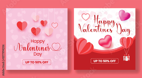 Valentines social media content design for love celebration party posts with romantic 3D heart vector illustration backgrounds and stylish promo web banner template
