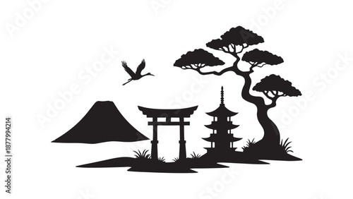 Japanese landscape with pagoda and torii gate