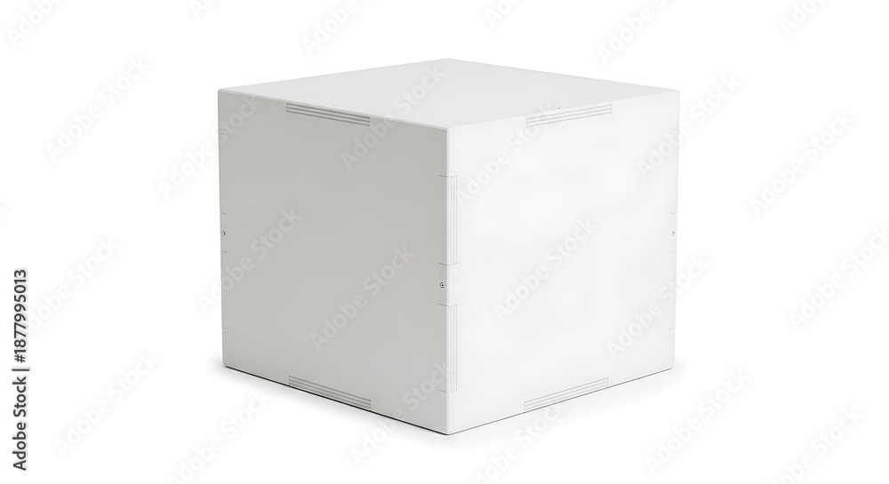 Fototapeta premium A plain white cube with subtle horizontal lines on its edges sits on a white background geometric shape
