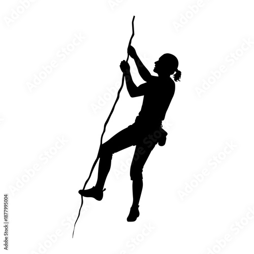 Silhouette of Rock Climber Ascending Vertical Cliff Face with Rope.