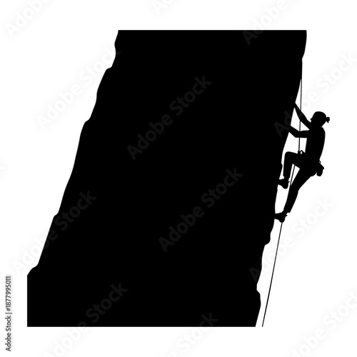 Silhouette of Rock Climber Ascending Steep Mountain Cliff Edge.