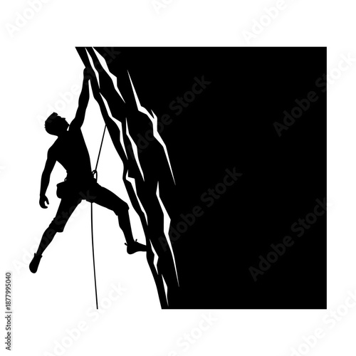 Silhouette of Rock Climber Scaling Steep Vertical Cliff Face.