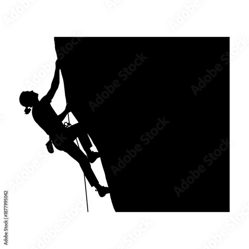 Silhouette of Rock Climber Scaling Steep Vertical Wall with Intense Focus.