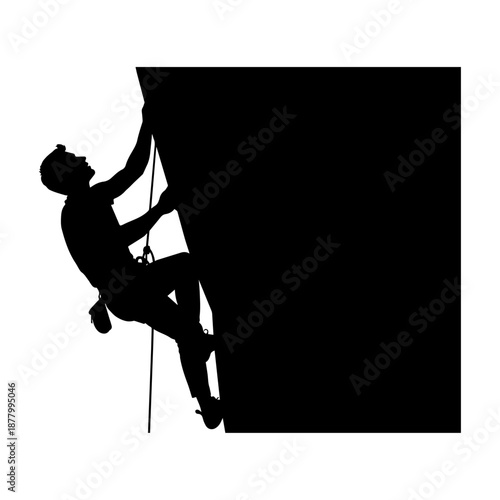 Silhouette of Rock Climber Scaling Vertical Cliff Face with Intense Determination.