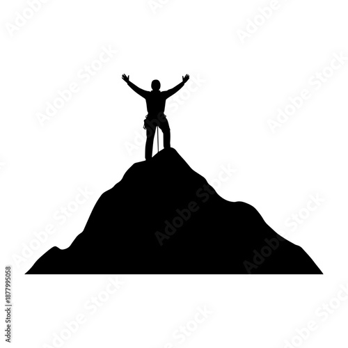 Triumphant Silhouette of Climber Celebrating Mountain Summit Achievement.