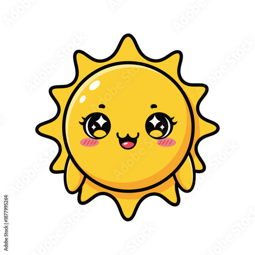 Smiling cartoon sun with rosy cheeks and sparkly eyes isolated on white background