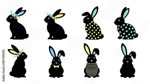 Cute black bunny silhouettes adorned with colorful flowers and bows, perfect for spring, Easter, or children's themes.