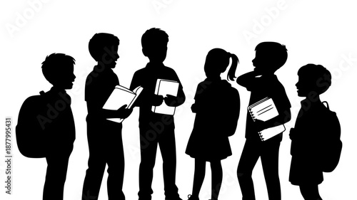 Silhouettes of Children with Backpacks and Books