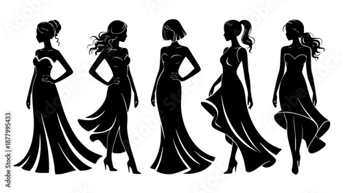 Set of 5 elegant woman silhouettes in evening gowns