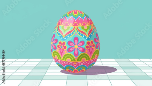 A vibrant, decorated Easter egg sits on a checkered surface against a soft blue background, evoking a festive and cheerful spring holiday mood.