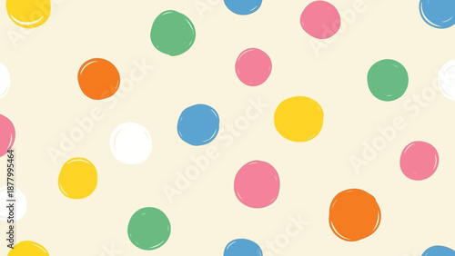 A cheerful and playful pattern of colorful polka dots in yellow, orange, green, blue, pink, and white scattered across a cream background, perfect for