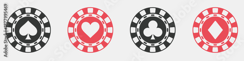 Poker chips set with card suit symbols, featuring casino tokens for betting games, entertainment, vector illustration for game design, casino graphics, and gambling-related projects.