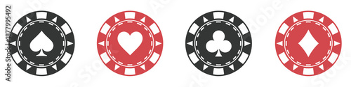 Poker chips set with card suit symbols, casino gambling tokens for betting games and entertainment, vector illustration perfect for casino design, gaming apps, and gambling-themed projects.
