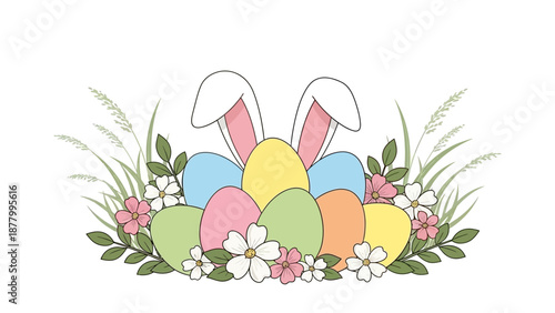 A cheerful Easter illustration featuring pastel-colored eggs, delicate flowers, and grass, hinting at a hidden bunny. Perfect for spring holidays, cel