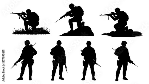 Set of Silhouetted Soldiers with Rifles Vector Illustrations isolated PNG with Transparent Background