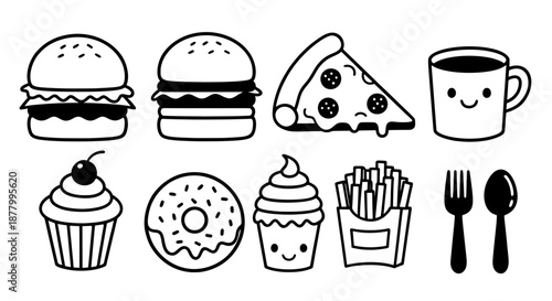 Black and white line art vector collection of cute fast food items including hamburgers pizza fries coffee and sweet desserts for menu or coloring.