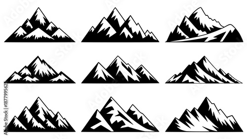 Set of 9 Mountain Silhouette Icons isolated PNG with Transparent Background