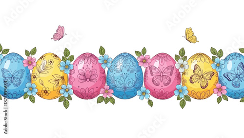 A festive border of colorful, hand-drawn Easter eggs adorned with floral patterns and delicate butterflies, perfect for spring celebrations and holida