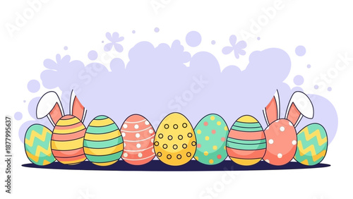 A festive illustration featuring colorful Easter eggs and hidden bunny ears, perfect for holiday greetings, spring celebrations, and children's themes