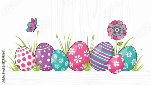 A festive scene with decorated Easter eggs nestled in green grass, a colorful butterfly flutters nearby, perfect for spring and holiday celebrations.