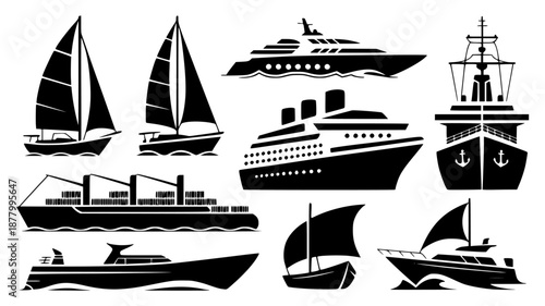 Set of 8 black and white boat icons vector