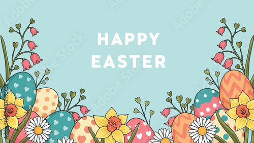 A festive Easter illustration featuring decorated eggs and blooming flowers, perfect for seasonal greetings and spring celebrations.