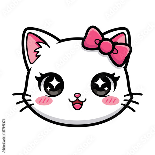 Cute cartoon cat face with pink bow and rosy cheeks