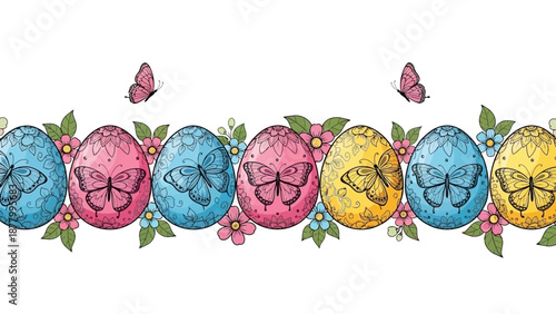 A festive border of decorated Easter eggs, adorned with butterflies and floral designs, perfect for spring celebrations and holiday themes.