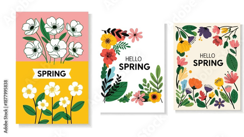 A cheerful and vibrant illustration celebrating spring with white anemone flowers on a pink background and smaller white flowers on a yellow backgroun