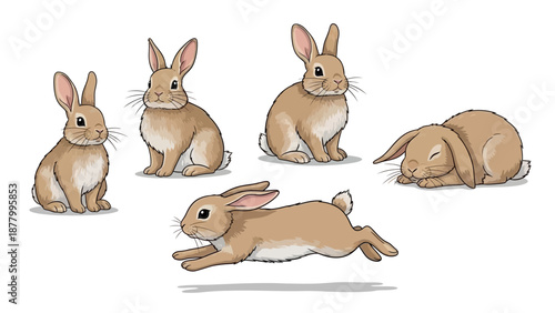 Three adorable cartoon rabbits are depicted in various poses against a clean white background, evoking a sense of innocence and springtime joy, perfec