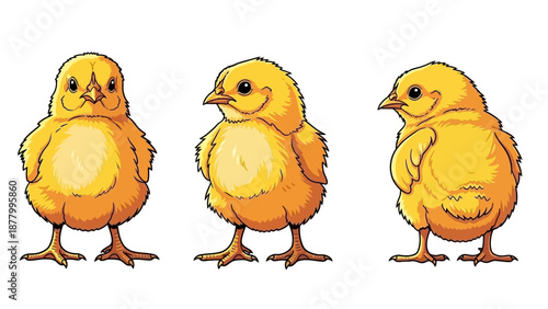 Two adorable, fluffy yellow chicks stand side-by-side against a white background. Perfect for themes of spring, new beginnings, and innocence.