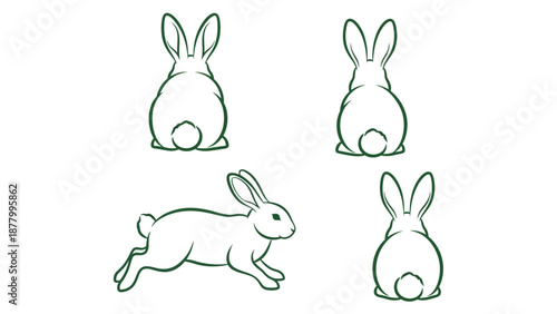 A simple line drawing of two cartoon rabbits, one facing away and one in mid-leap. Ideal for spring, Easter, or nature-themed designs.