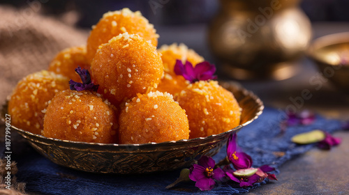 Traditional Indian Sweet Laddu Served in a Decorative Golden Bowl Garnished with Crushed Nuts and Purple Flowers for Festive Celebration