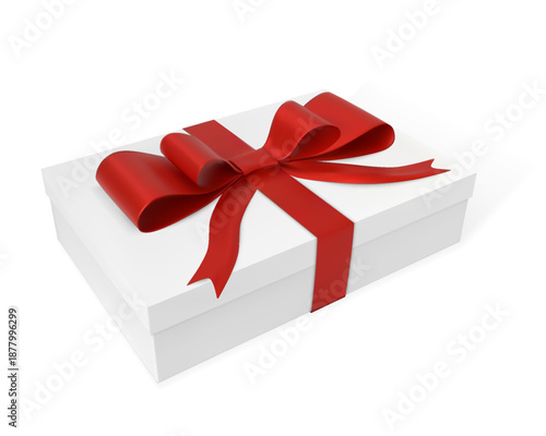 A rectangular white gift box with a closed lid and tied with a red ribbon and bow.