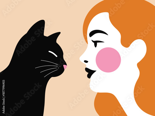 Black cat and woman with pink cheek close up orange background