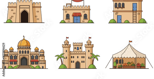 Traditional Middle Eastern and Desert Buildings Vector Illustration Set Featuring Castles, Fortresses, Houses, Palace Architecture, and Market Tent Structures for Cultural and Travel Designs