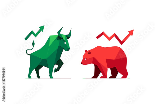 Bull and bear market conflict: a dynamic representation of global stock exchange trends on white background.