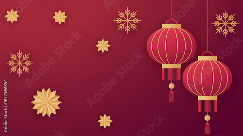 chinese lanterns and golden snowflakes on a red background for festive celebration decoration high quality professional detailed