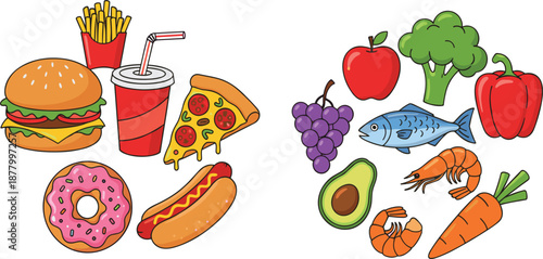 Healthy vs Unhealthy Food Illustration Set Featuring Fast Food Items and Nutritious Ingredients in Colorful Vector Style