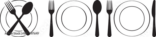 Various arrangements of dinner place settings with utensils and plates on transparent background