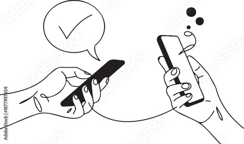 Two hands interacting with smartphones showing confirmation and sending messages on transparent background